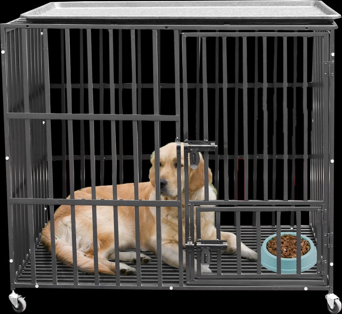 RM Store® - Grote Hondenkooi - Metalen Honden Kennel - Hondenbench - Dubbele Deuren - Inclusief Slot - 4 Afsluitbare Wielen - Verwijderbare Lade - Max. 100KG