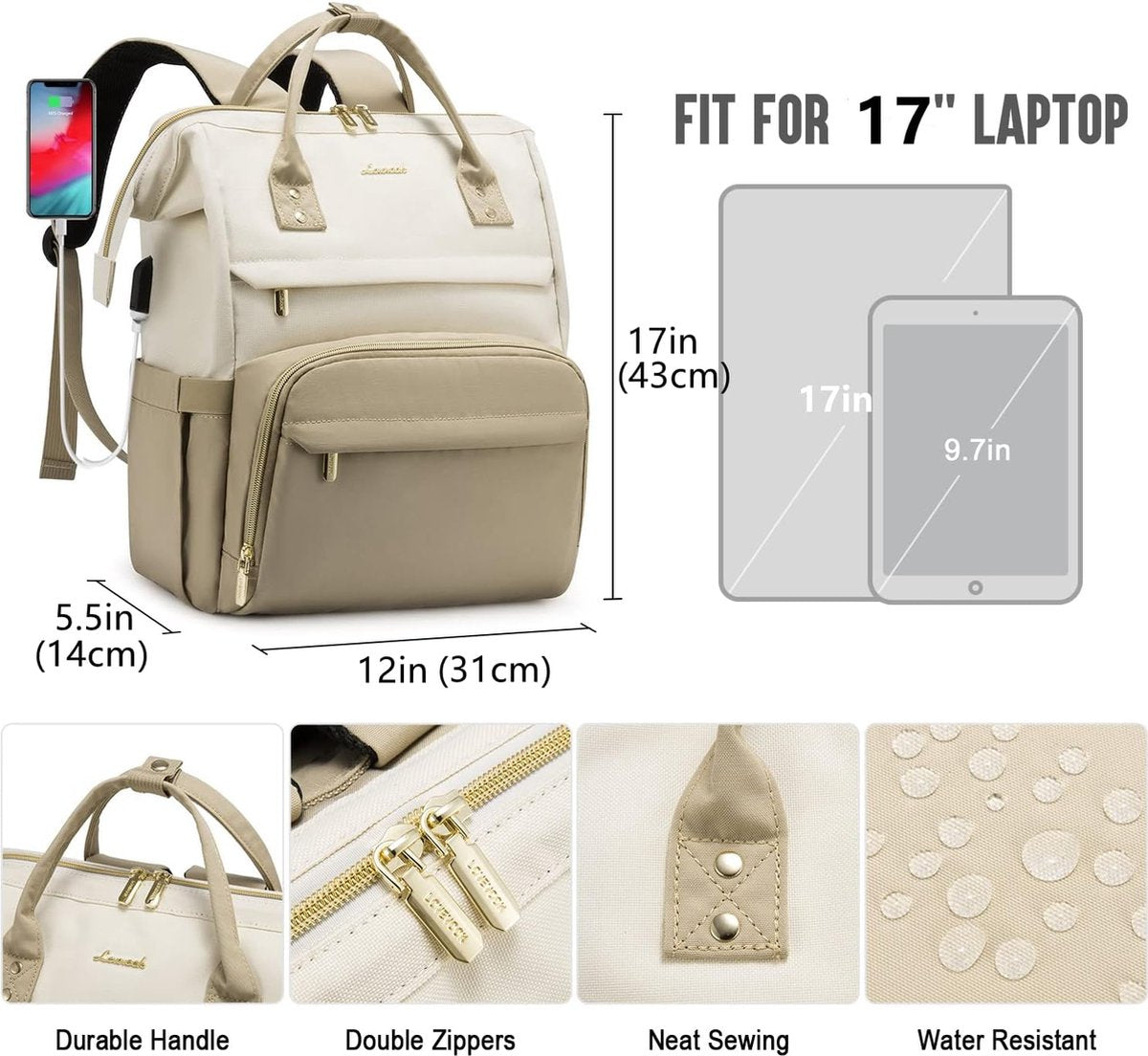 Laptop bag 17 inch - Beige - USB charging port - 43 × 15 × 32 - Waterproof backpack - Adult backpack