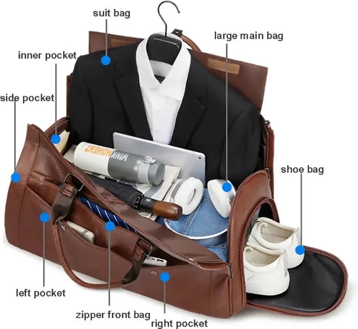 Leren Slimme Reistas Opvouwbare Binnenkant Voor Kleding Pak Multifunctionele Slimme Reistas Waterdicht Extra Grote Ruimte Weekendtas Draagbare Bagagetas Training Sport Tas Slimme Koffer Vakantie Zomer Bruin 58L