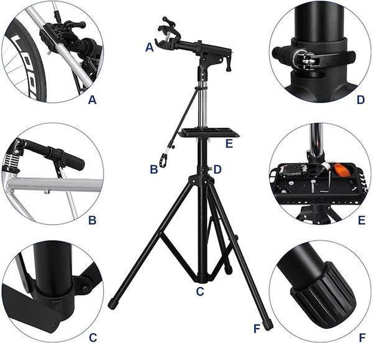 Decopatent® PRO Montagestandaard Fiets - 360° Draaibaar - Verstelbaar + Gereedschapsbakje - Fiets Montage reparatie standaard