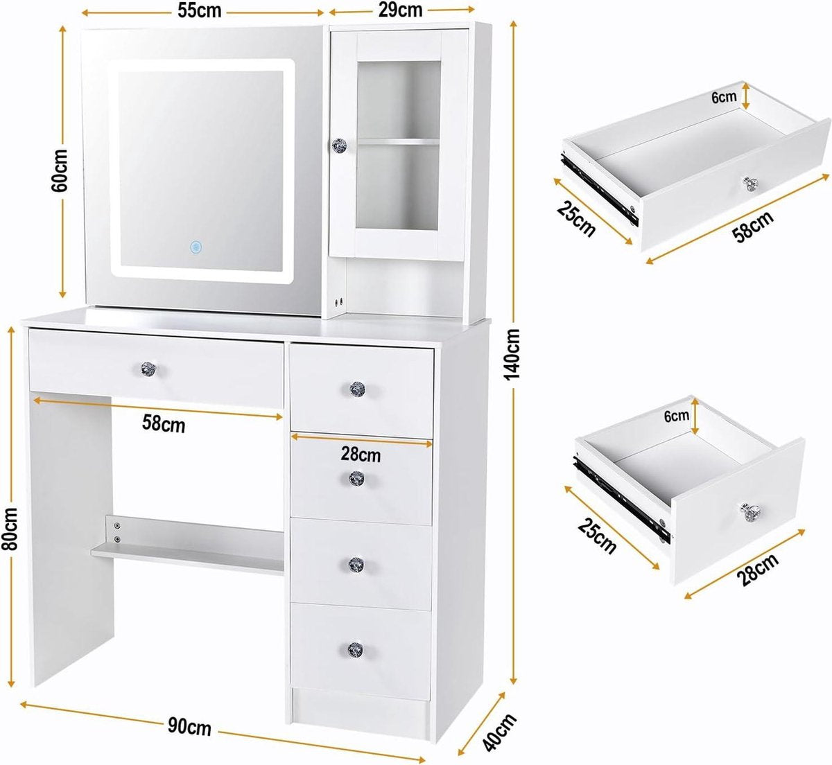 Make-uptafel met ledverlichting - Kaptafel met spiegel en krukje - 3 lichtmodi - 7 laden - 6 planken - Slaapkamer - 100 x 40 x 140 cm - Wit