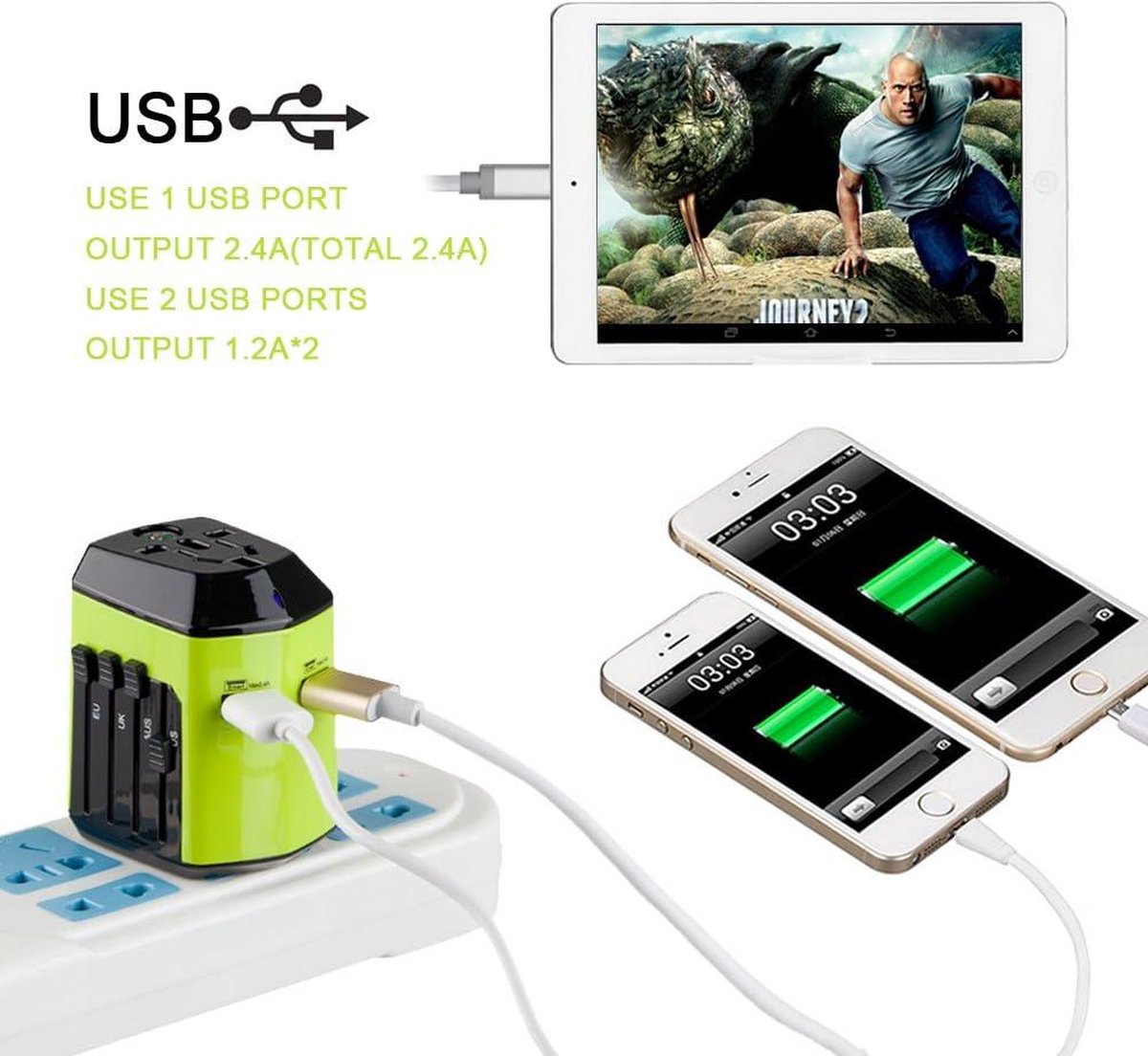 Universal travel adapter with 2 USB ports - UK EU US AU - 180 countries - all-in-one plug adapter - green