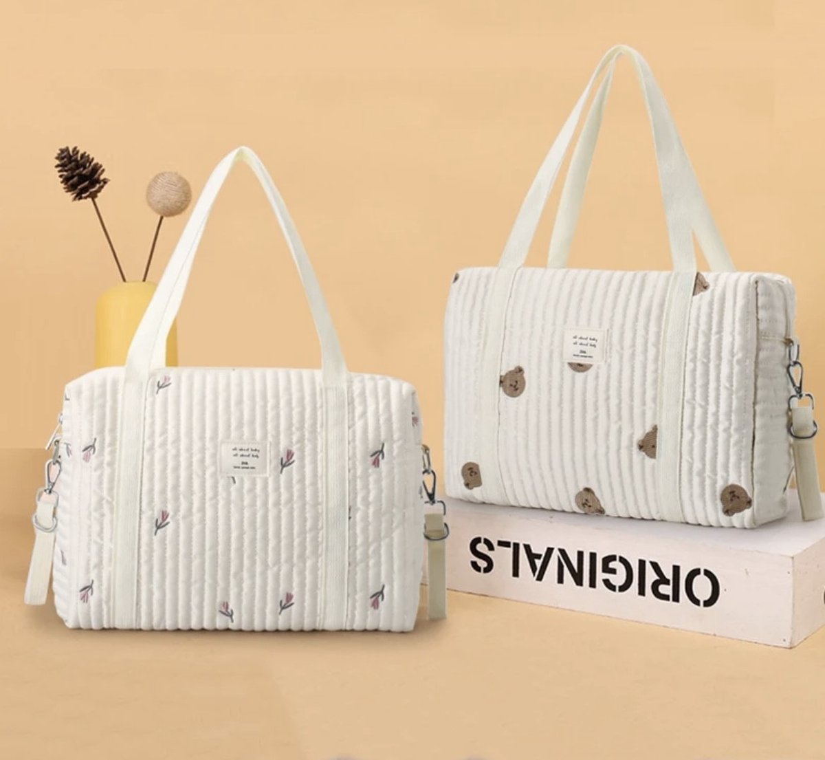 Luiertas - Mombag - Schoudertas - Verzorgingstas - Kraamcadeau - Groot - Bloemmotief - Tulp - Beige