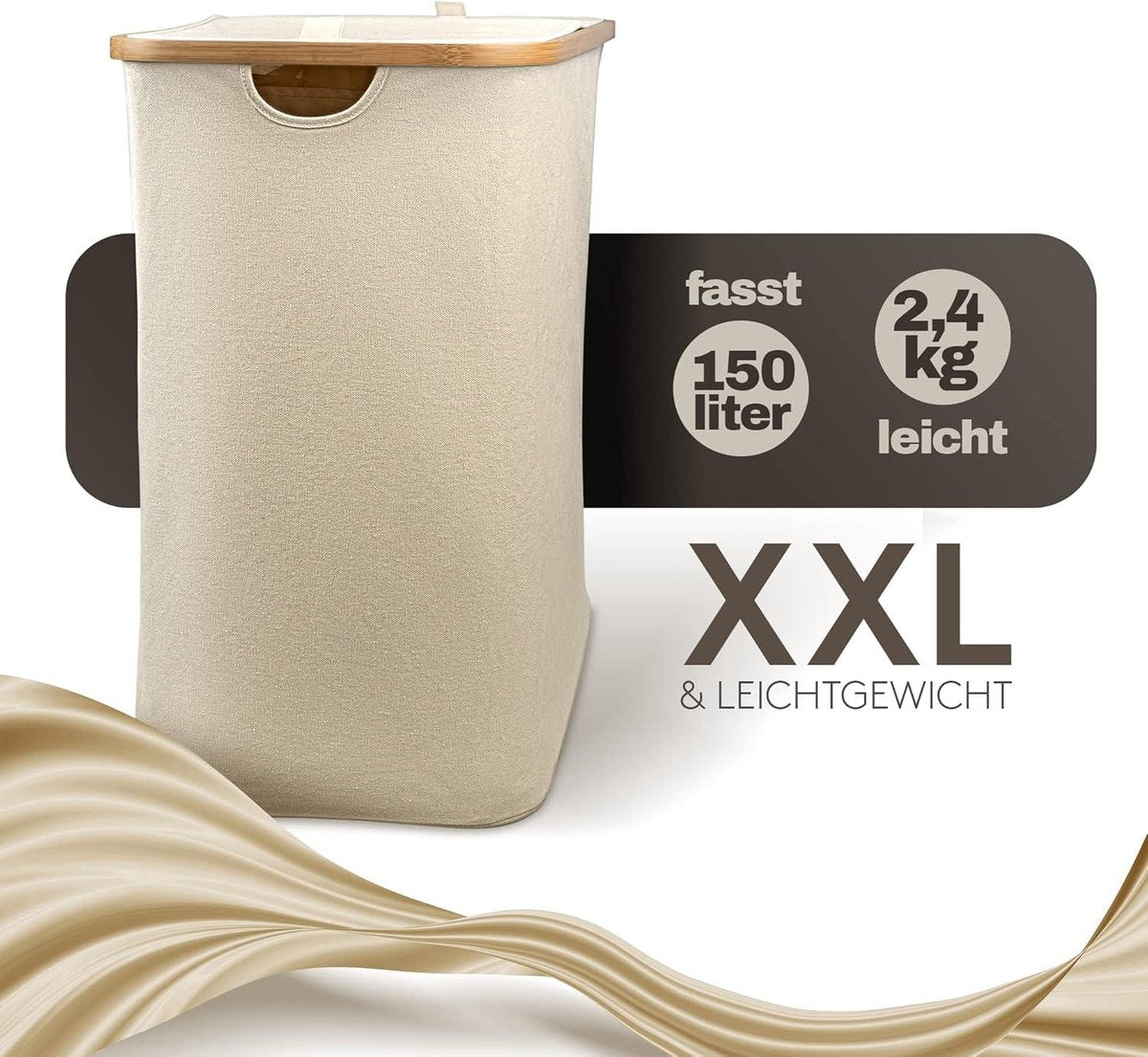 Light Laundry Basket 2 compartments with lid 150 liters bamboo fabric large XXL sorting system laundry collector - beige - Celeko