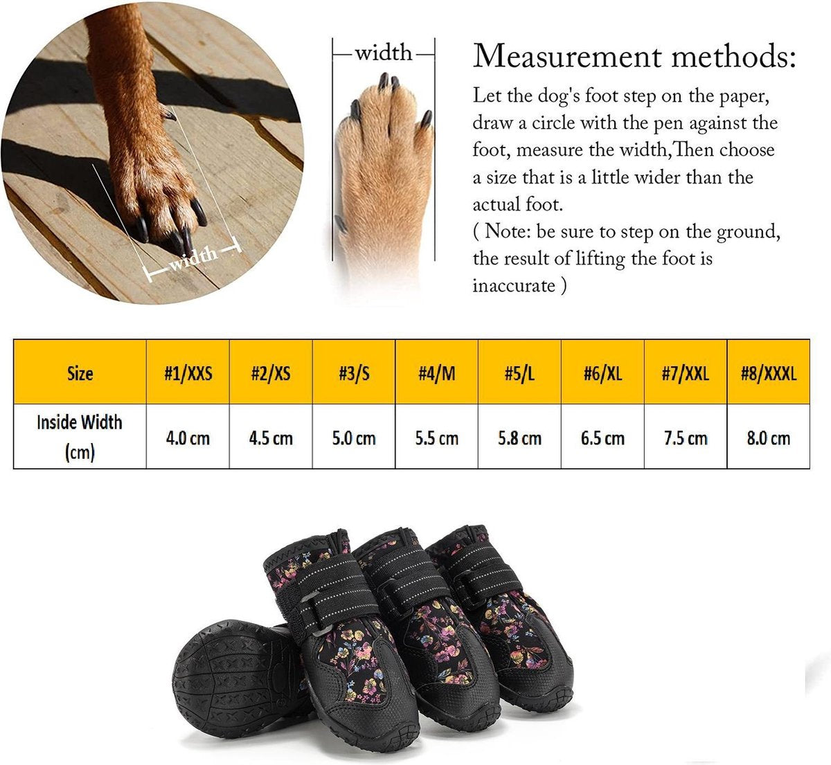 Dog Boots - Paw Protection - Anti-slip and Water Resistant - Size #2/XS - 4 pcs - Black/Flowers