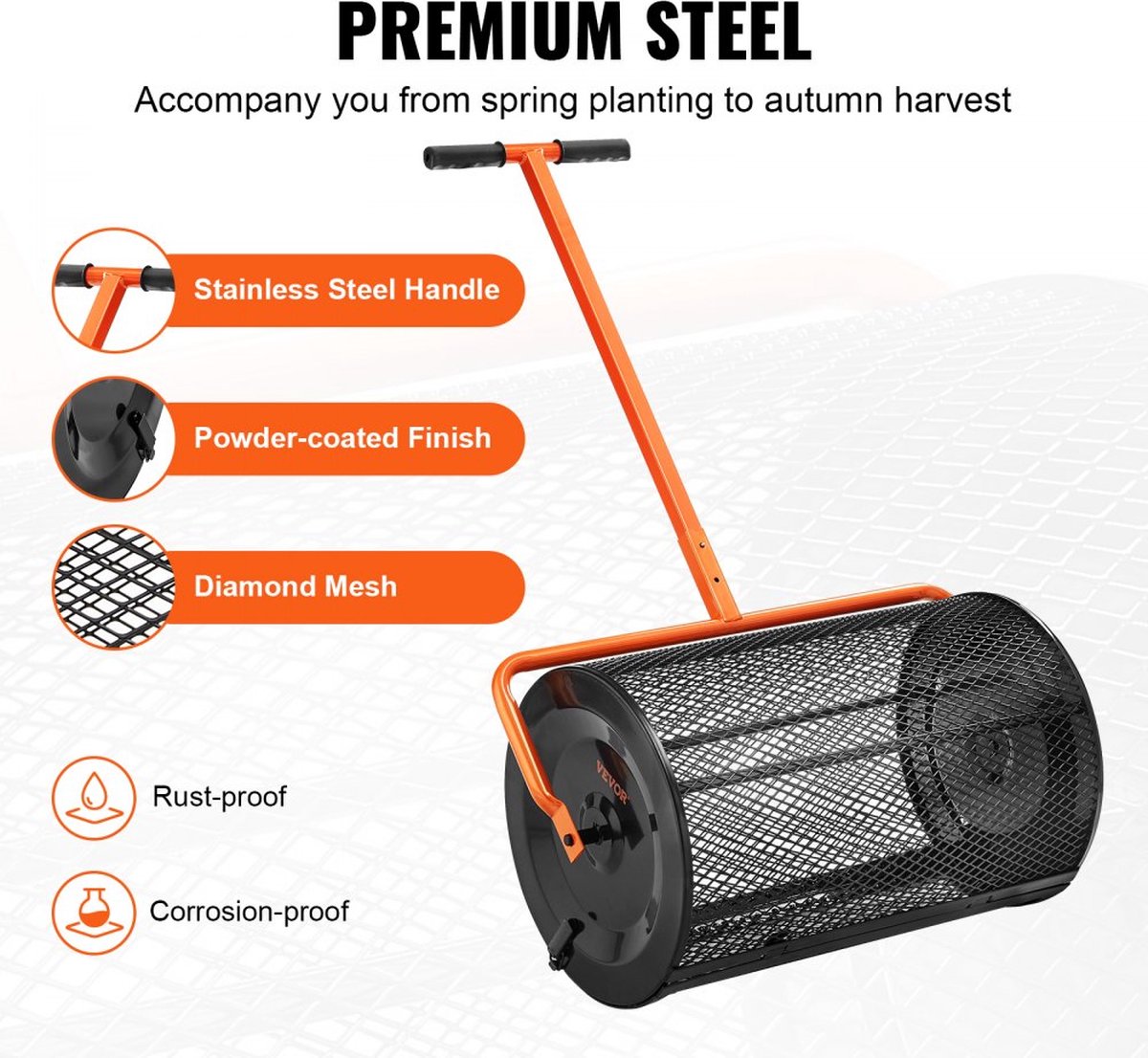 Compoststrooier van staal Turfmosstrooier 1,27x2cm gaasmand Tuingazonstrooier Handgreeplengte verstelbaar van 62 tot 67,5cm 61cm metalen gaasmand Ideaal voor kunstmest zoals compostmestgrond veenmos