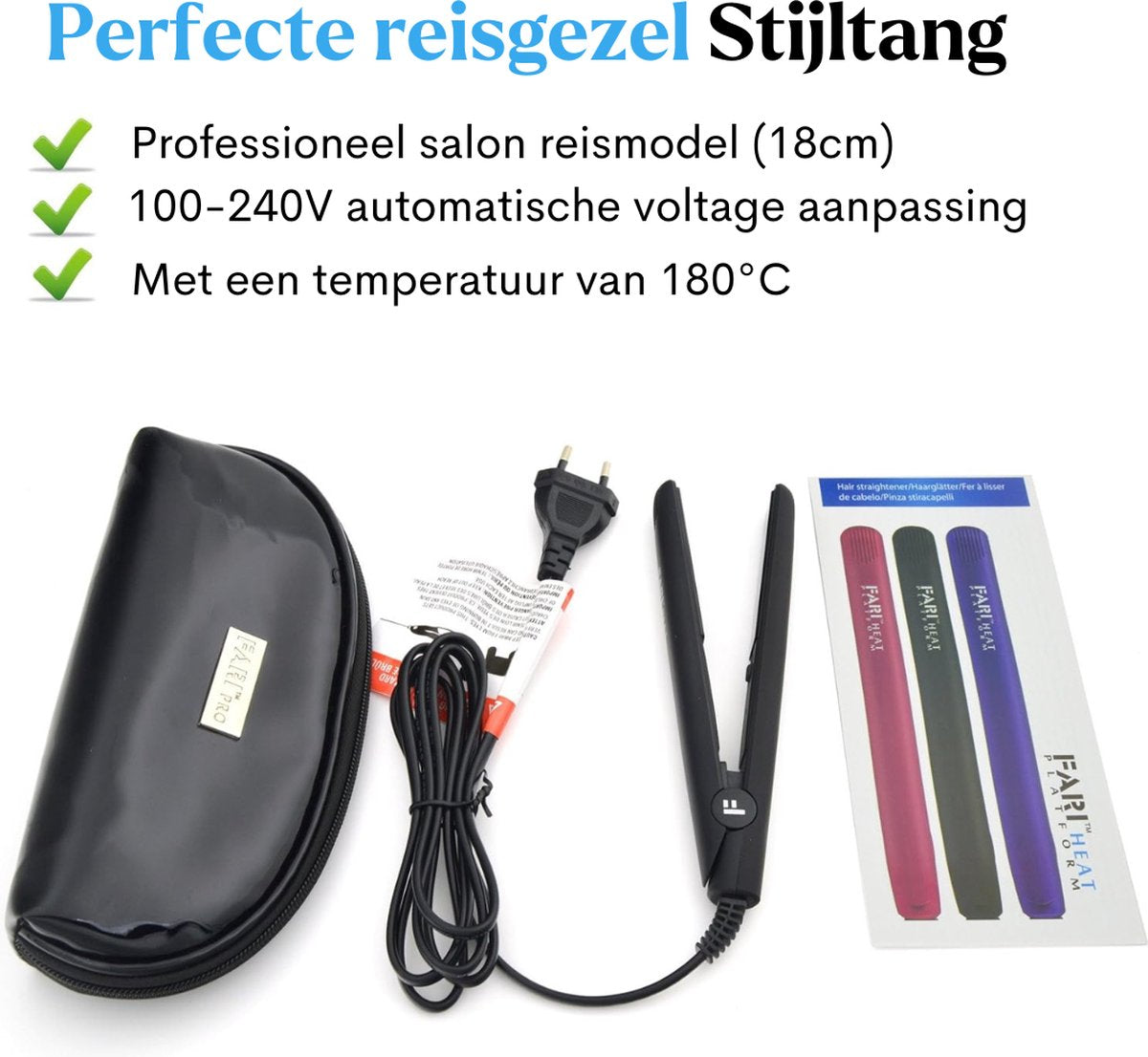 Mini Stijltang - Haarstijltang - Met Reistas - 18 cm - Voor Reizen - Toermalijn-Keramische Platen - Ergonomisch - Zwart