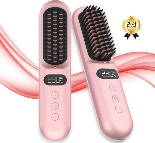 Draadloze Stijlborstel - LED - 2024 Model - Sinterklaas - Kerst - Roze - 230 graden - Stijlkam - Stijlborstels - Warmteborstel - Straight Brush - Elektrische haarborstel - Stijltang - Föhnborstel - Draadloze föhn - Draadloze stijltang - Oplaadbaar