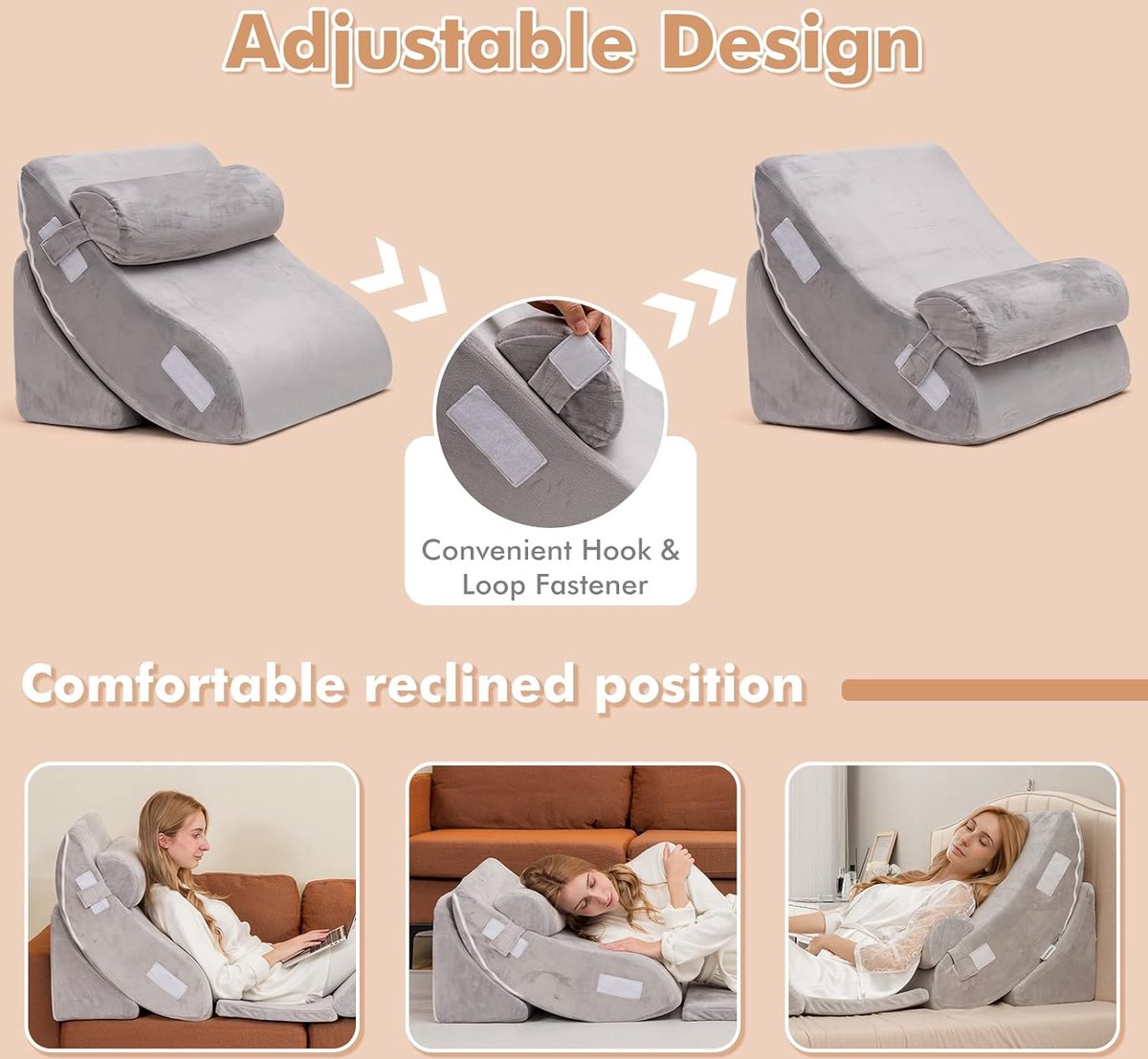 6-piece orthopedic pillow set, memory foam wedge pillow with detachable headrest, comfortable and adjustable reading pillow, bed wedge pillow, back support pillow for sleeping and reading