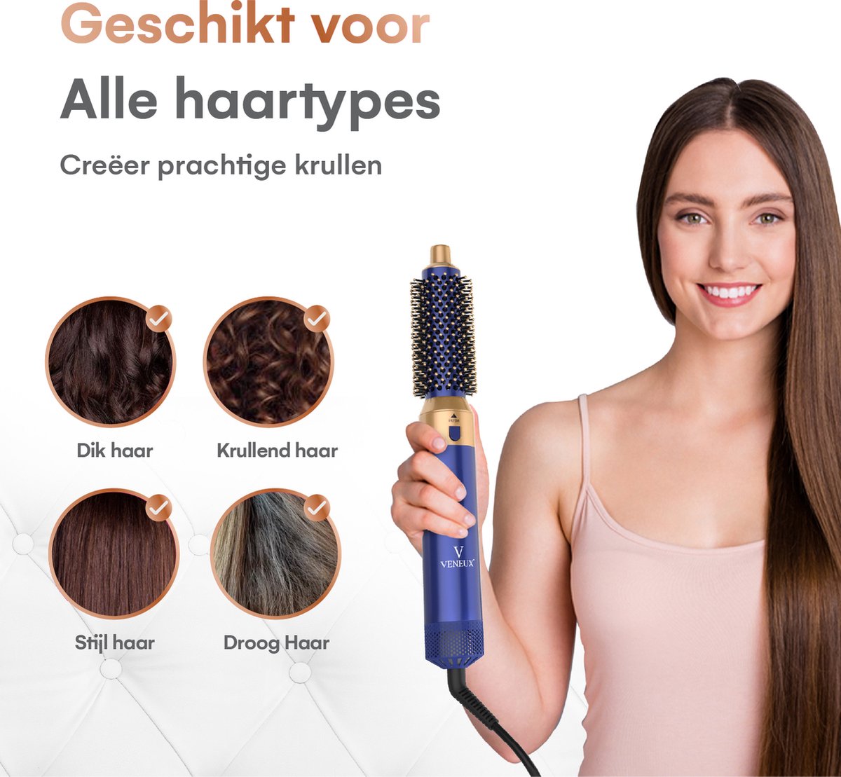 VENEUX® Föhnborstel - Airstyler - Krulborstel - Krultangen - 5-in-1 Multistyler – Blauw Met Goud