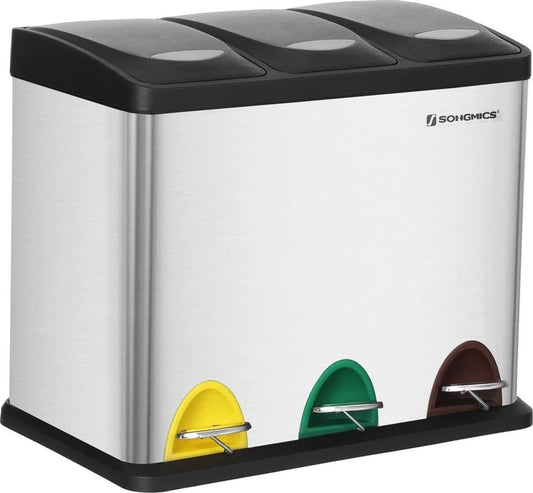 Robust 3-in-1 Pedal Bin for Waste Separation - 24 Litres - Steel, Silver - Easy to Clean Waste Bin