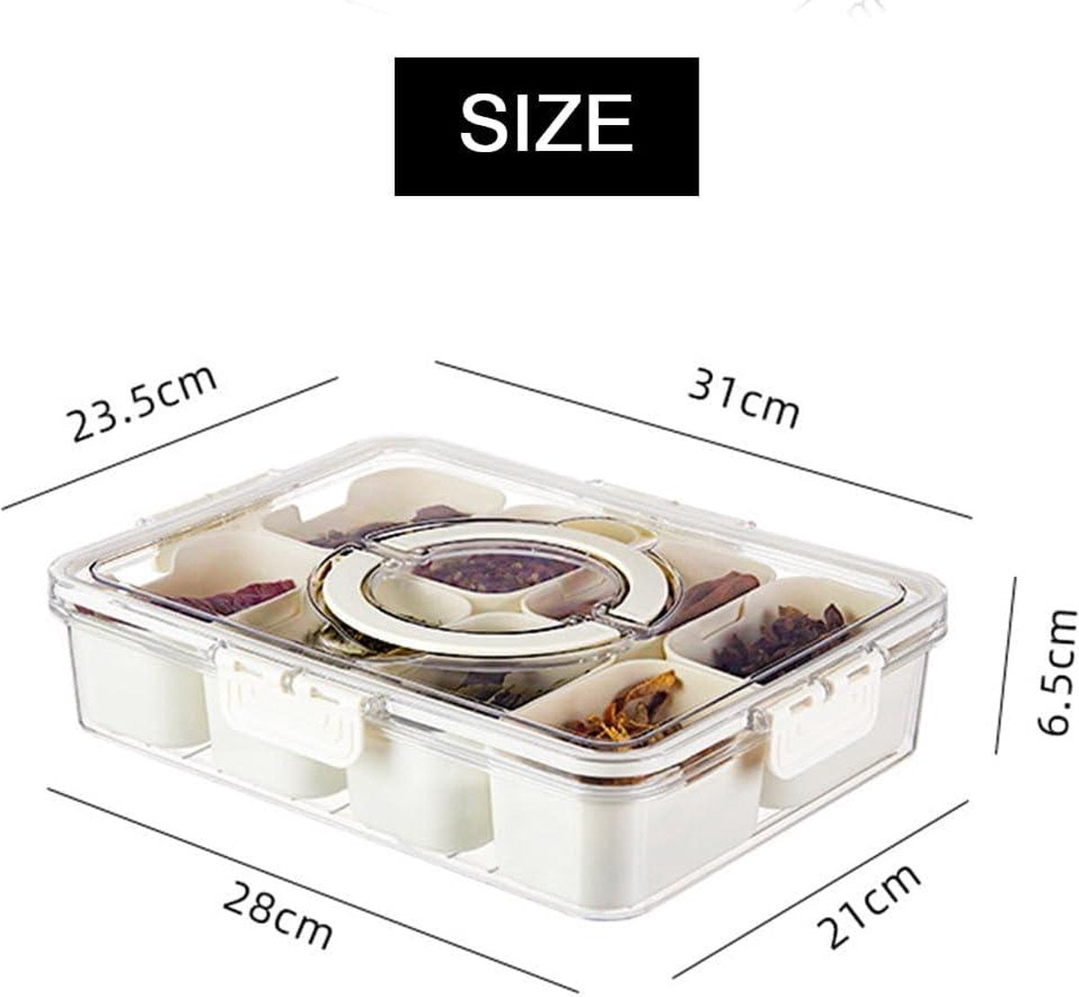 Snack tray met deksel - opbergdoos voor snacks - snackbord met 8 vakken - organizer voor kruidenpotjes - snoep, veganistisch, koekjes - noten, fruit - dip, tapaskommen (8)