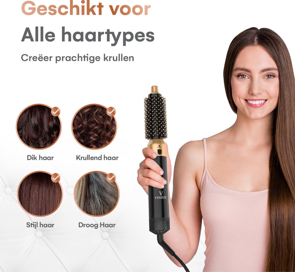VENEUX® Föhnborstel - Airstyler - Krulborstel - Krultangen - 5-in-1 Multistyler - Met Opbergcase - Zwart Met Goud