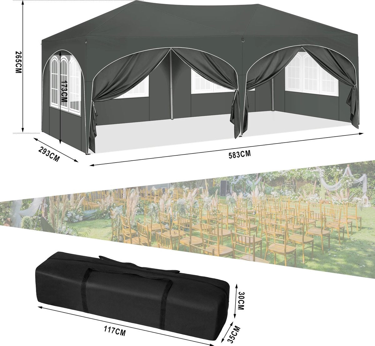vanBoni - Partytenten - Partytent opvouwbaar - Partytent easy up met zijwanden - Waterdicht en Weersbestendig - 3x6 m - Grijs