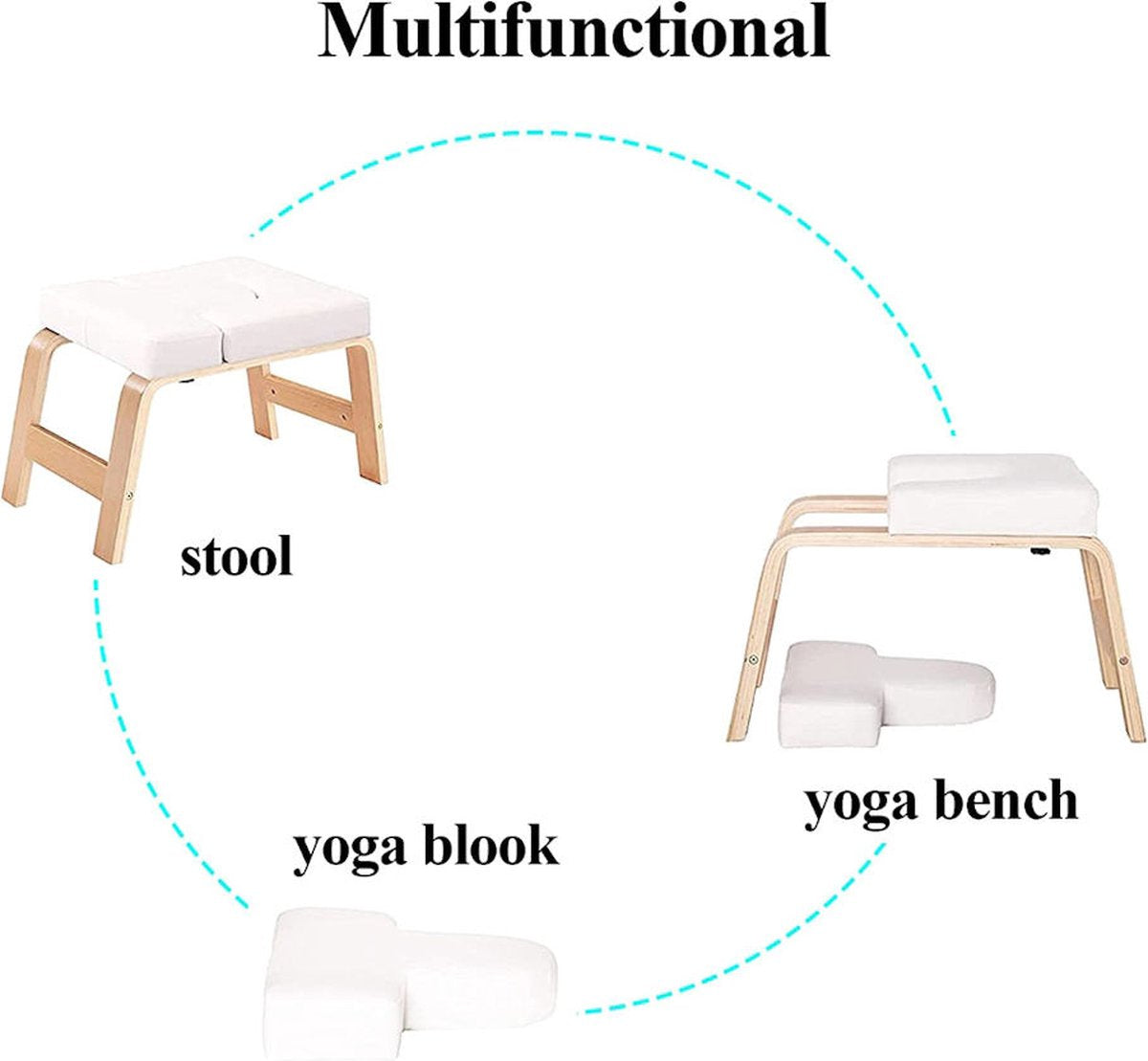 Yoga stoel - Bamboe Inversie stoel - Wit Kussen - Meditatiebankje - Hoofdstandbankje - Yogakruk - Yogaoefeningtrainer - Yogastoel - Handstandtrainer - Omgekeerde Kruk / Stoel