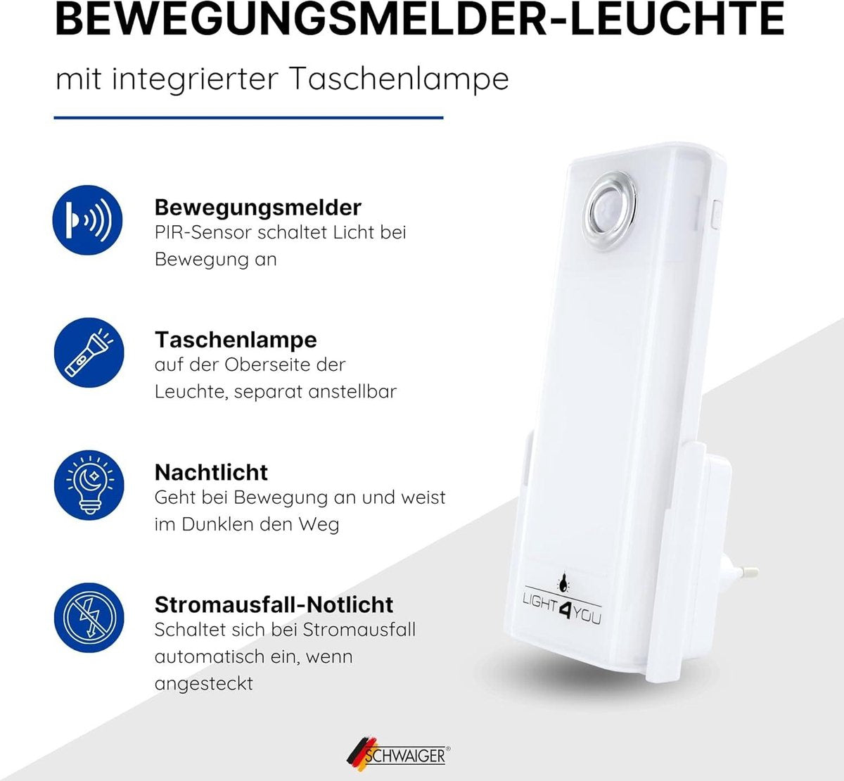 LED Nachtlampje 4-in-1 Multifunctionele Lamp - Stopcontactlamp - Noodlamp Zaklamp - Bewegingssensor Oplaadbaar - Inductie Oplaadfunctie