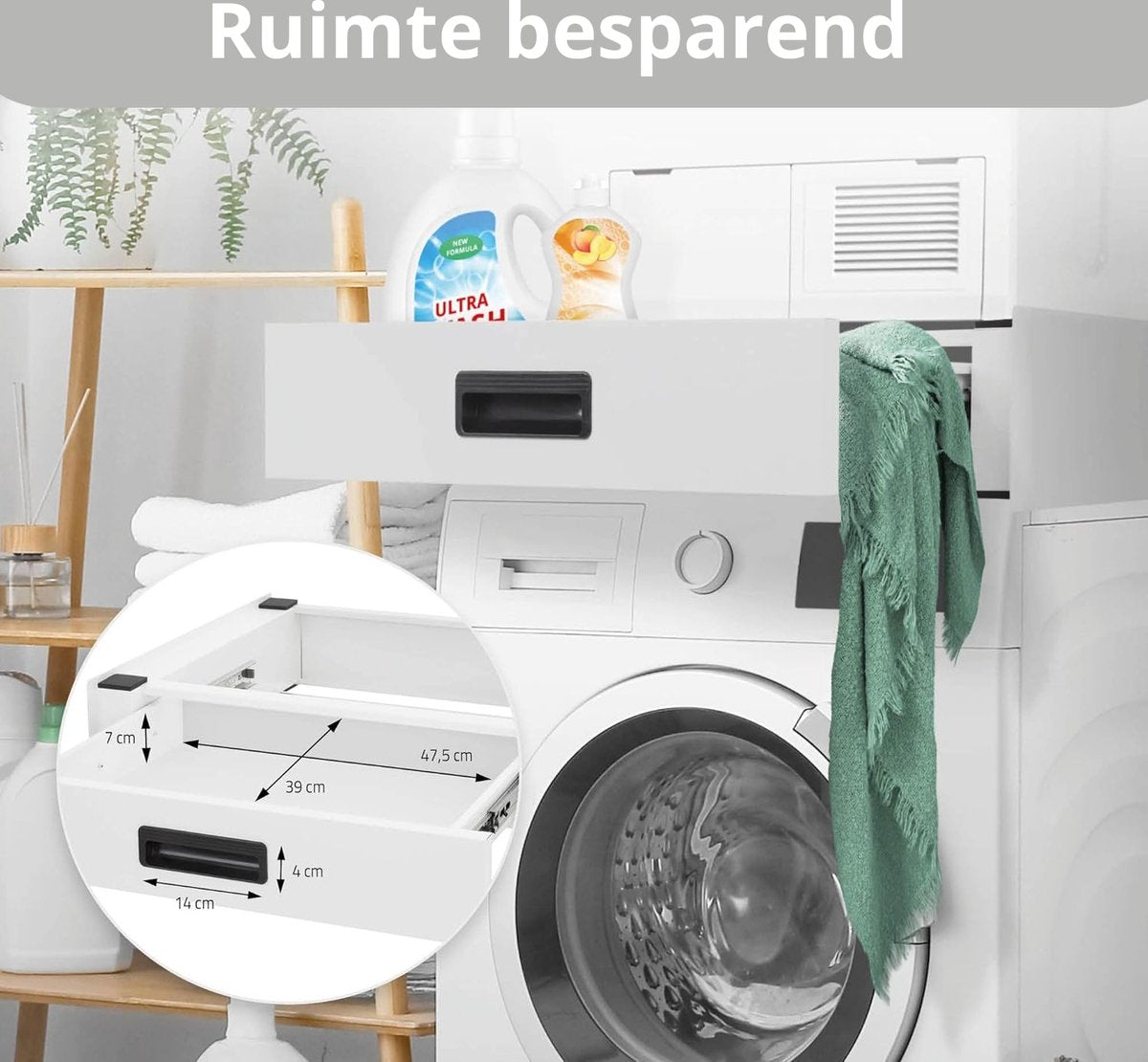 Tussenstuk Wasmachine Droger - Universeel - Stapelkit - Opbouwmeubel - Verhoger - Met Lade - Wit - 60,5x54x15