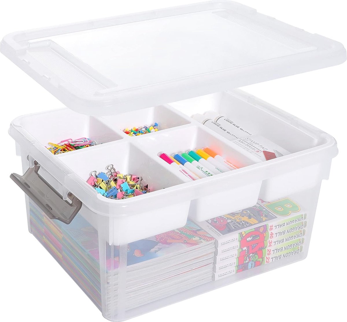 Plastic opbergdozen 16 l met 6 x 1,6 l dozen kleine verstevigde dozen opslag met deksel klein voor het opbergen van gereedschap, knutselen, lego, kleurpotloden