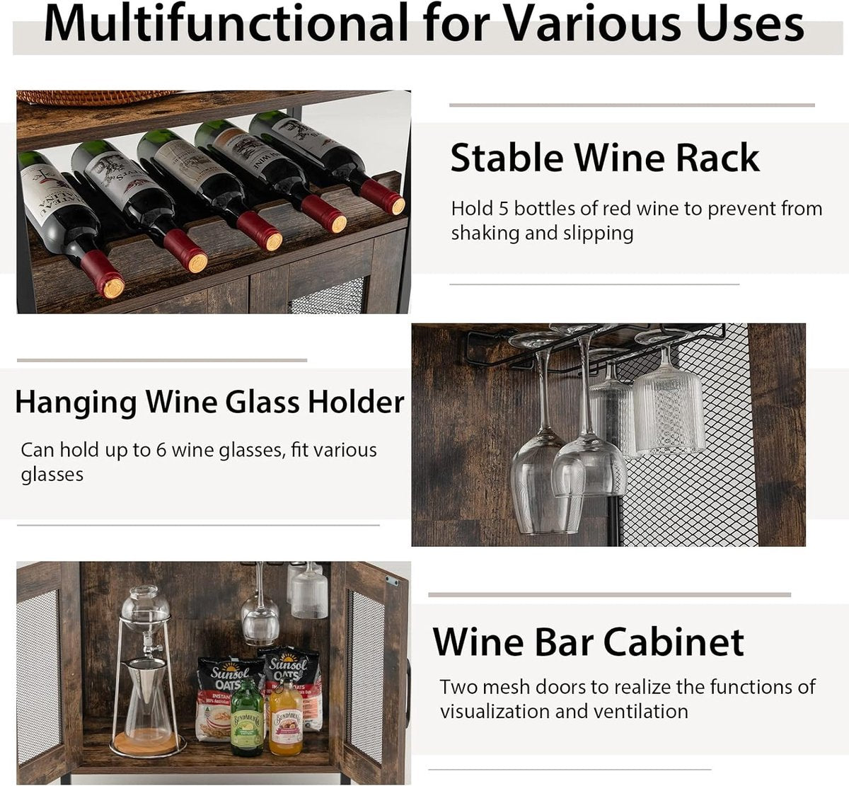 Bar cabinet with storage rack, wine bar cabinet, liquor cabinet with removable bottle holder and glass holder, industrial buffet cabinet for the kitchen