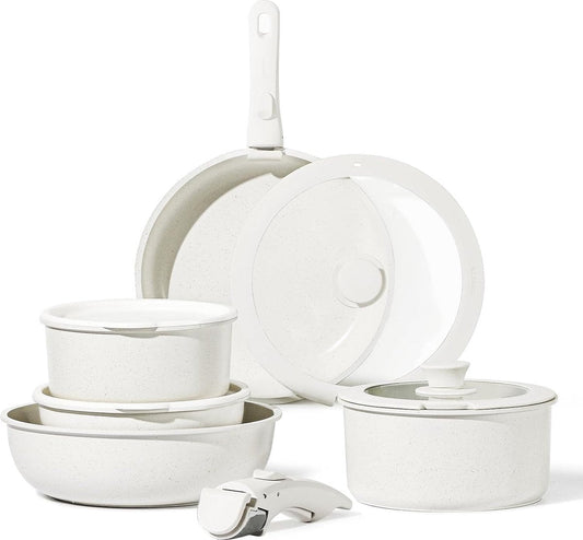 CAROTE Detachable Handle 11-Piece Cookware Set with Non-stick Coating, Suitable for All Hobs, Cookware Sets Can Be Stacked to Save Space (11pcs)
