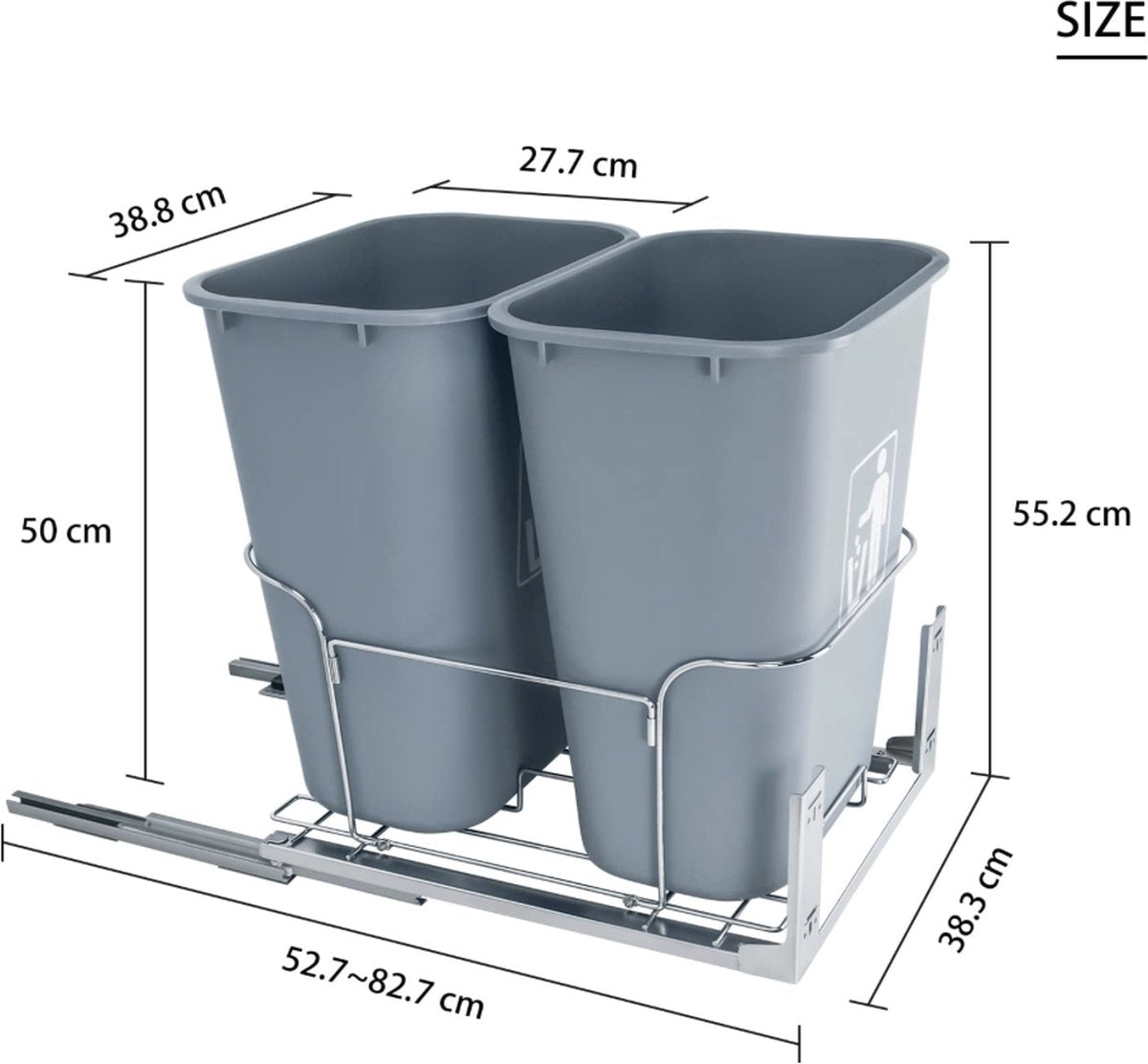 uittrekbare prullenbak voor keuken, inbouw prullenbakken keuken, prullenbak keukenkast, dubbele bak, soft close, 2 x 35 liter