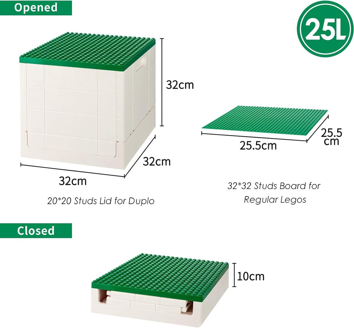 Opvouwbare Opbergdoos met Bouwplaat Deksel voor Duplo Blokken, 26qt. Stapelbare Opbergcontainers, 25L Opvouwbare Multifunctionele Container voor Lego Duplo Blokken (Donkergroen)