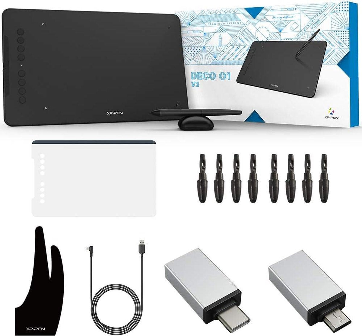 Grafisch tablet XP-PEN DECO01V2 - tekentablet 10 x 6 inch - passieve pen - 8192 drukniveaus - kantelfunctie - 8 sneltoetsen - Windows/Mac OS/ChromeBook/Android. Bamboo Pen