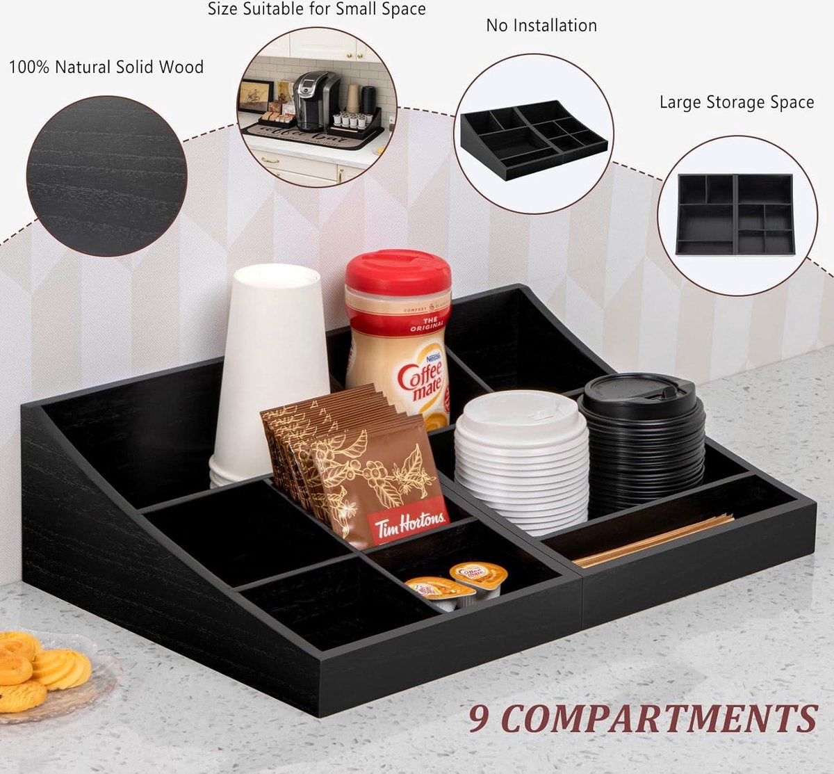Coffee Station Organizer voor aanrecht - Hout Zwart 9 Vakken - Thuis en Kantoor Organizer voor Koffie en Thee theezakjeshouder