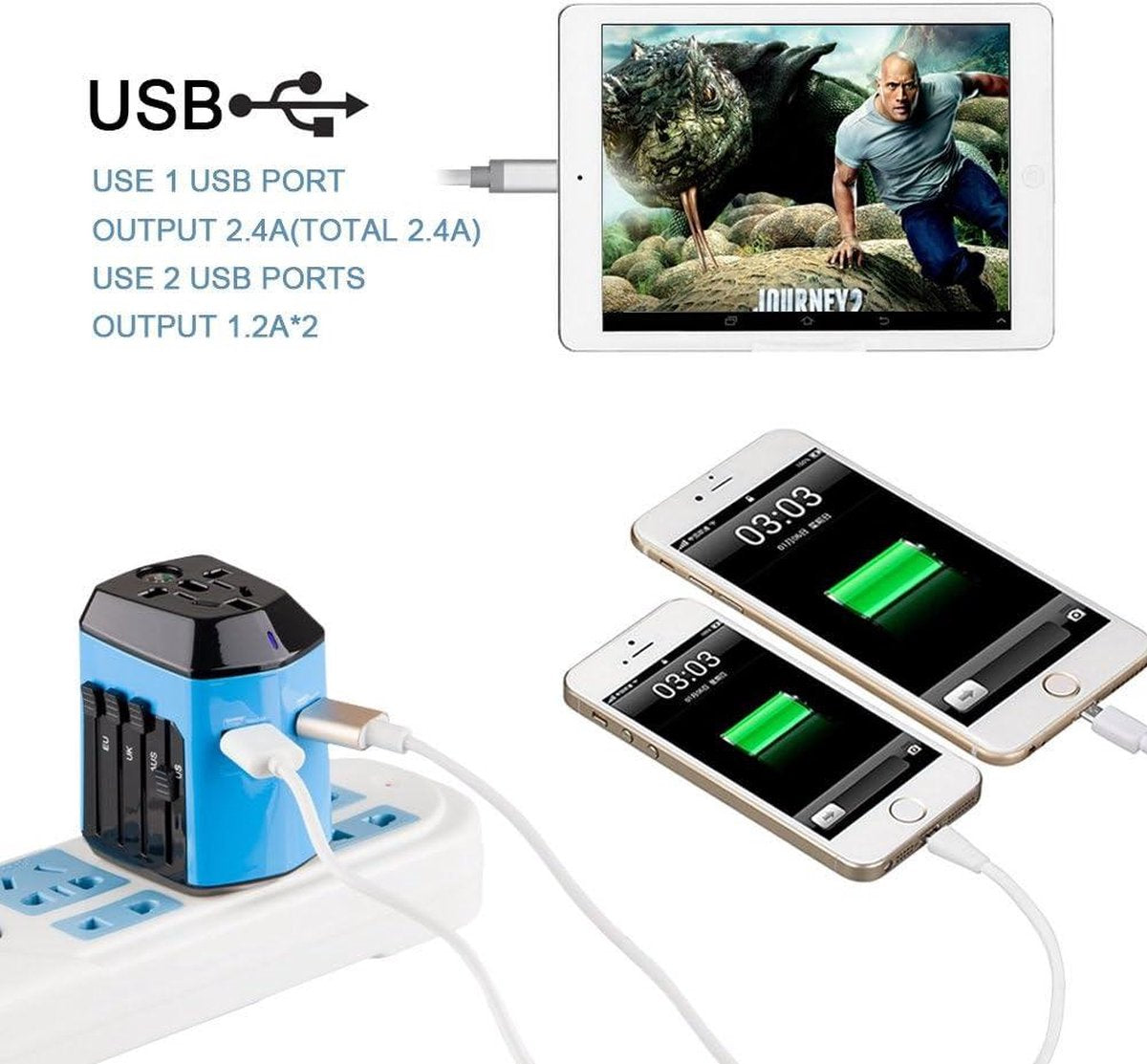 Universal Travel Adapter with 2 USB Ports for 180 Countries UK/EU/US/AU - House Shape Blue
