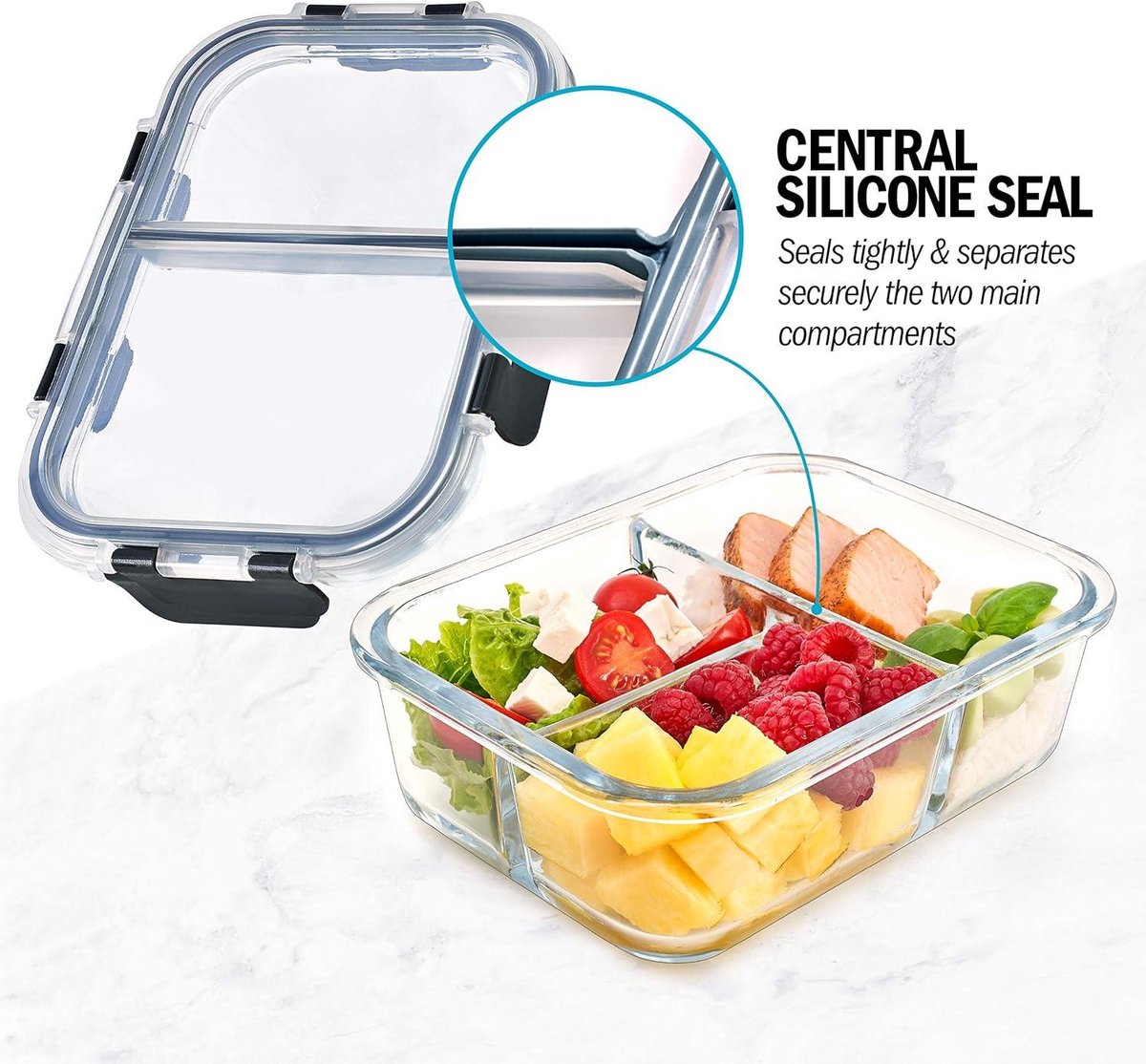 Glass Meal Prep Containers - 3 Compartments - Airtight Snap Lids - BPA Free - Microwave Freezer Dishwasher Safe - Portion Control - Food Storage Container - Set of 3 Meal Prep Containers