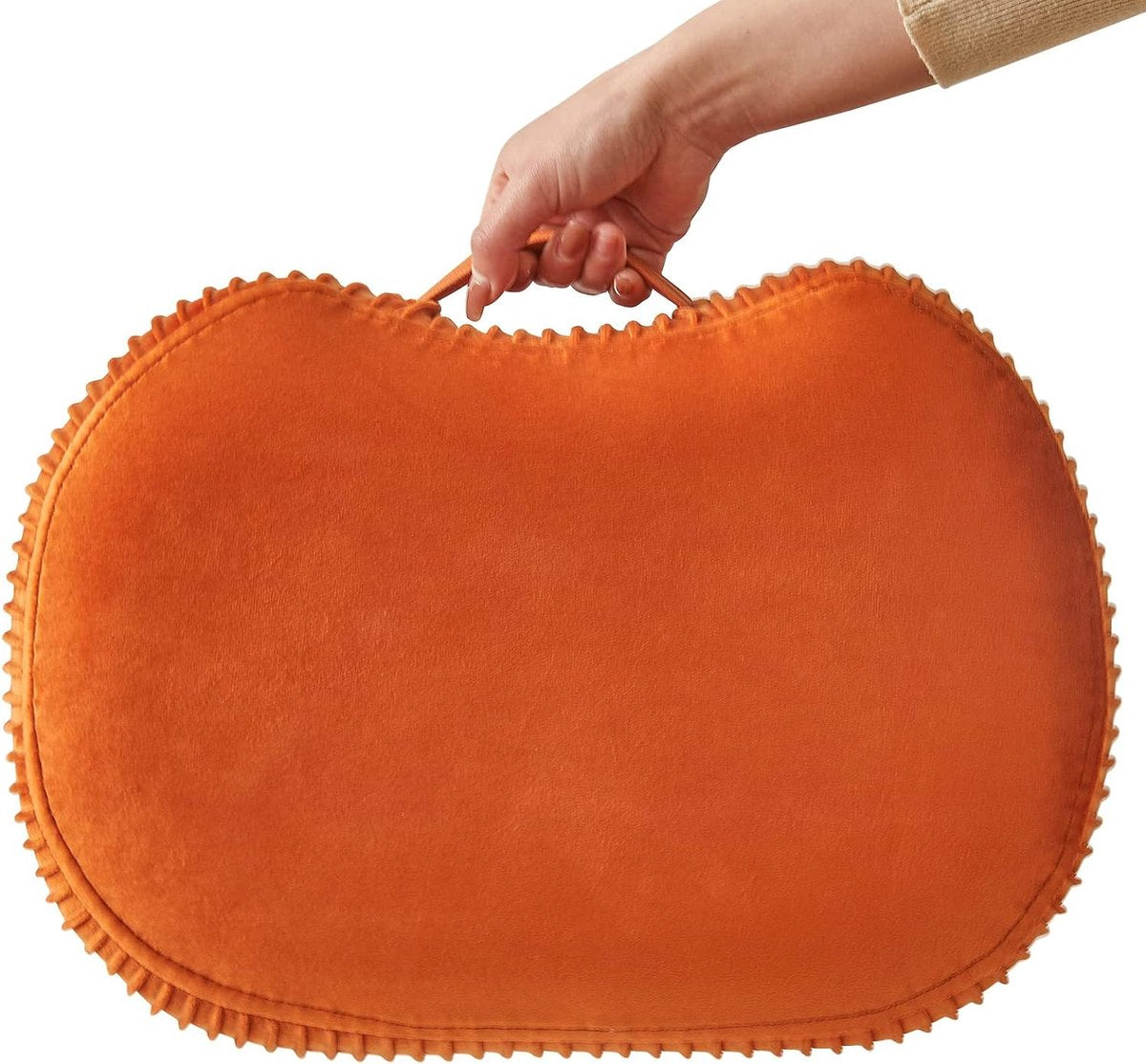 Footstool, bench with handle, curved step stool with soft seat cushion, velvet padded stool, solid wood, for living room, children's room, 40 x 28 x 23 cm, orange