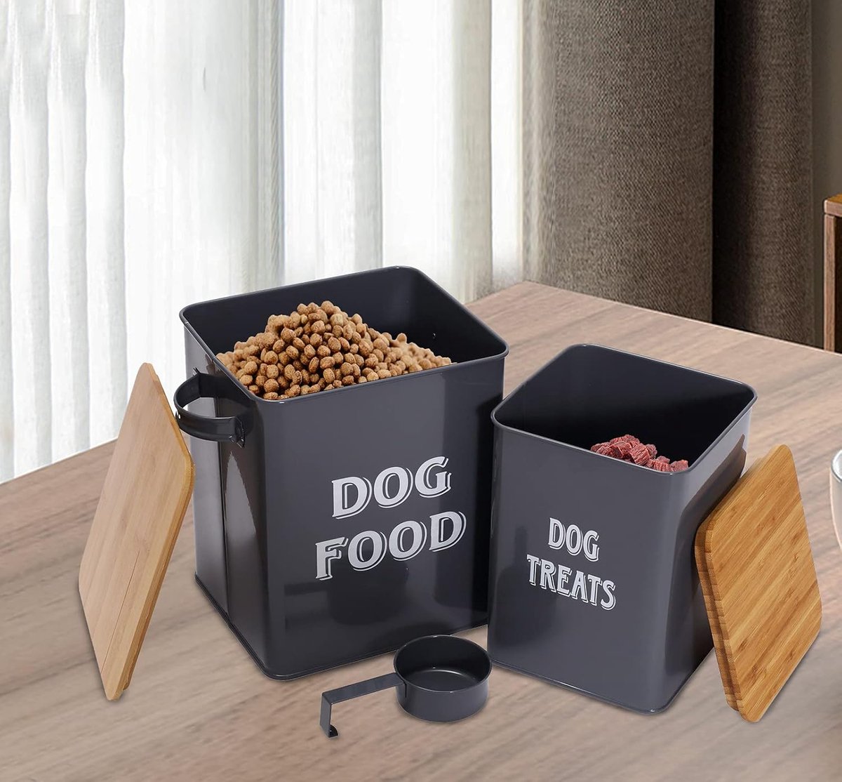 Pet Food Container, Hondenvoer Opslagbak, Voedselcontainer met Schep en Luchtdicht Houten Deksel, Voedselopslag en Organisatie-Grijs