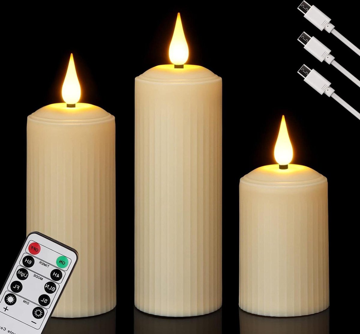 LED Candles with Moving Flame - Waterproof Rechargeable Candles - Timer Remote Control - Warm White Dimmable - Electric Flameless Pillar Candles - USB-Type-C Cable - Outdoor Use - Set of 3