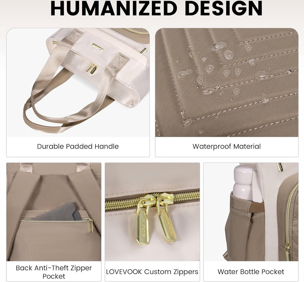 Laptop tas 15,6 inch - Beige/bruin - USB oplaadpoort - Laptop rugzak - 33 x 16 x 41 cm - Waterbestendig - Laptoprugtas 15,6 inch - Anti-diefstal vak - Handtas met gouden details