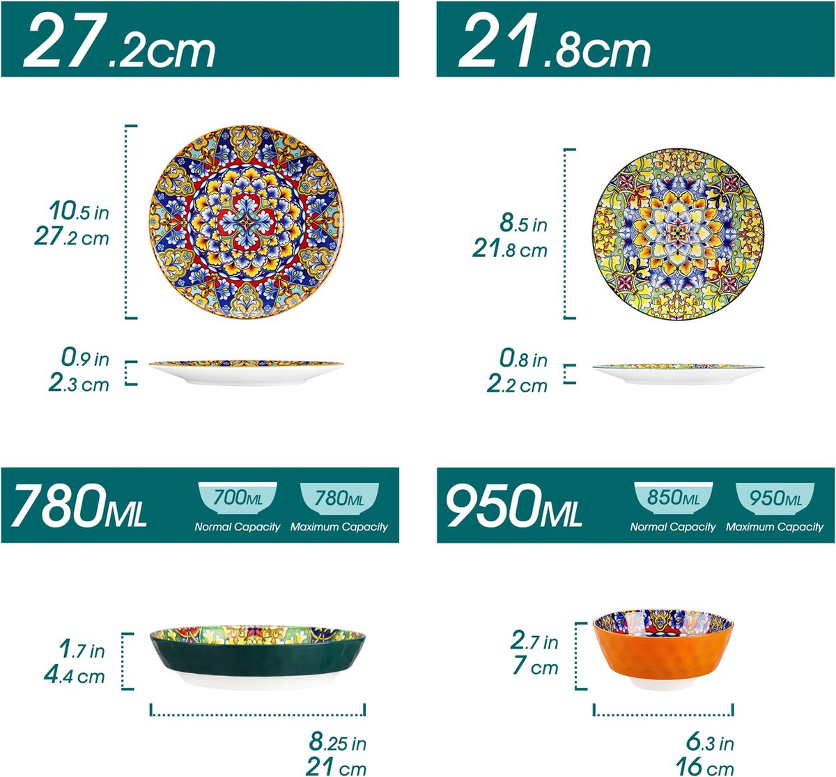 Serviesset - Servies voor 6 personen - Serviessets - Boheems Patroon - Porselein - 24-Delig Servies - Dinerbord - Dessertbord - Kom - Soepkom