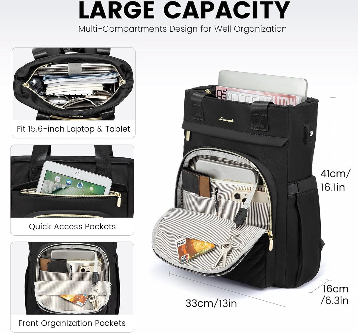 Laptoptas 15.6 inch - Zwart - USB oplaadpoort - Laptoprugzak - 33 x 16 x 41 cm - Waterbestendig - Laptoprugtas 15,6 inch - Anti-diefstalvak - Handtas met gouden details