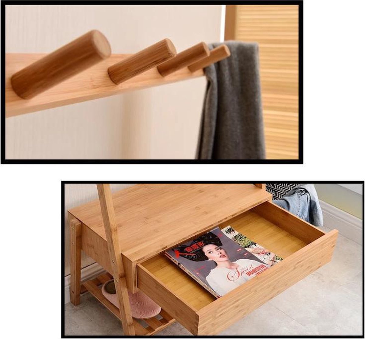 Stevig staand bamboe garderoberek - Voorzien van kapstok, lade & legplank voor schoenen - kledingrek - bamboe houten kledingrek - staand garderoberek - kleding rek met schoenenrek - Decopatent®