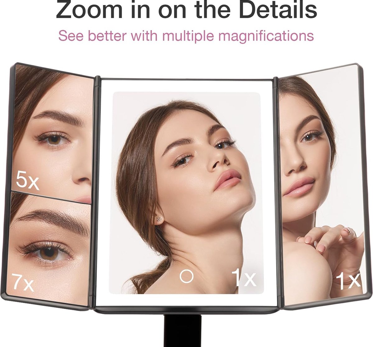 Makeup Mirror with Natural LED Light and 5x & 7x Magnification - Three-Sided Makeup Mirror with Dimmable Lighting Touch Screen Stand - Sora (Black)