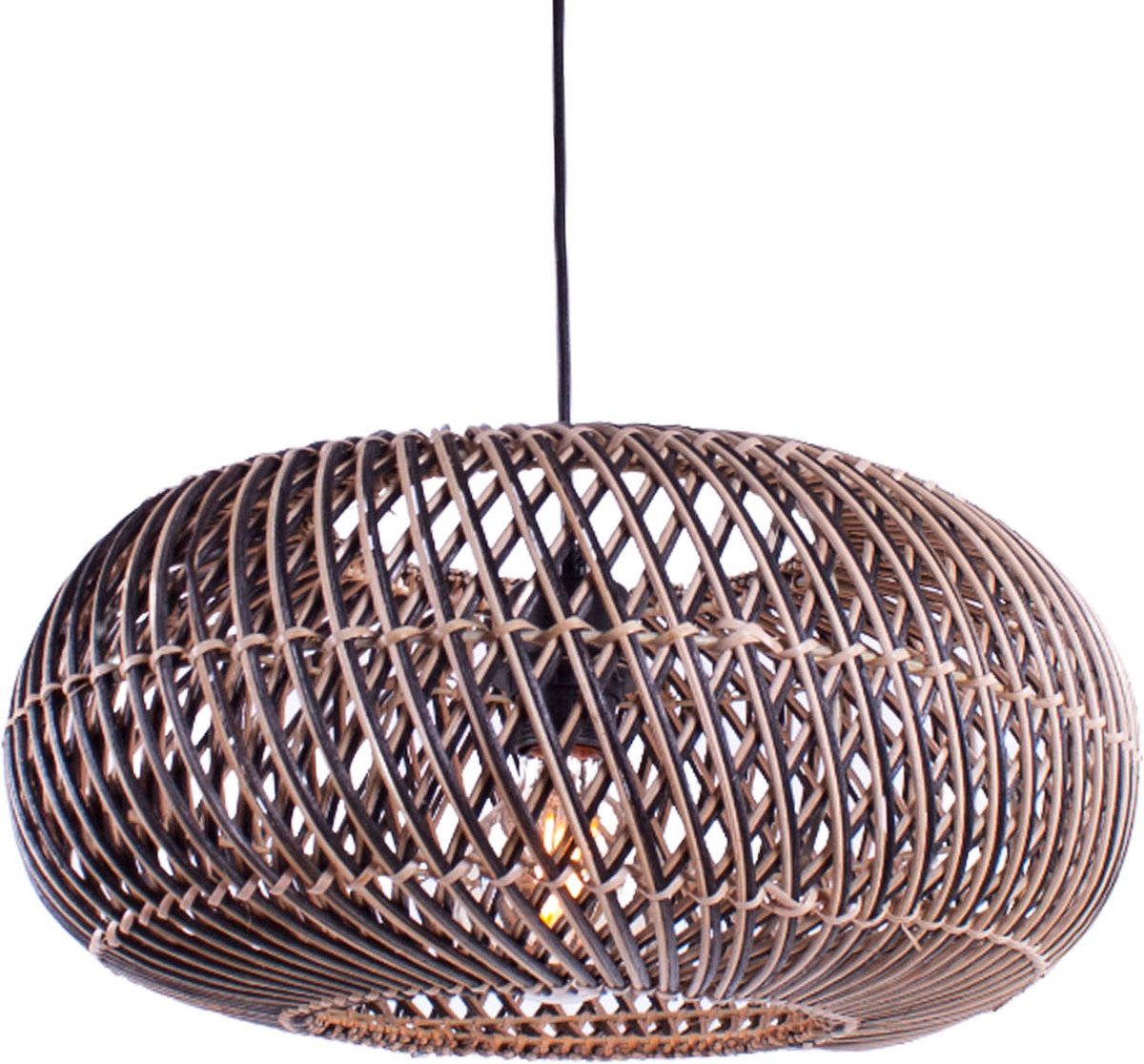 Rattan hanglamp Stripes | 1 lichts | zwart / naturel | rattan / metaal | Ø 40 cm | in hoogte verstelbaar tot 140 cm | eetkamer / eettafel / woonkamer lamp | modern / landelijk design