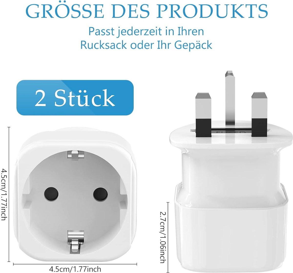 Reisadapter EU/DE naar VK - 2 stuks, Type G, Europa naar Engeland - VK, Ierland, Hongkong
