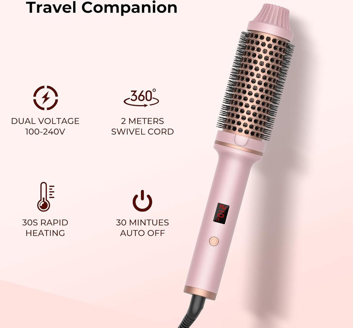 Föhnborstel 38mm Thermal Brush - Warme luchtborstel haarstyling krultang volume haarkam - Ronde borstel dubbele spanning stylingborstels voor op reis - Cadeaus voor vrouwen - Hot brush LCD-display - 120-210 °C