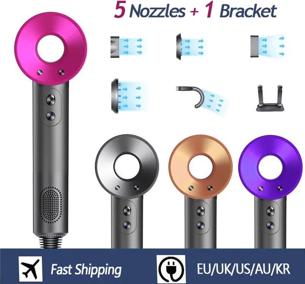 Föhn met diffuser - Ionische haardroger - Haardroger - Professionele haardroger - Rijk uitgerust - Inclusief 6 accessoires - 3 standen - Paars