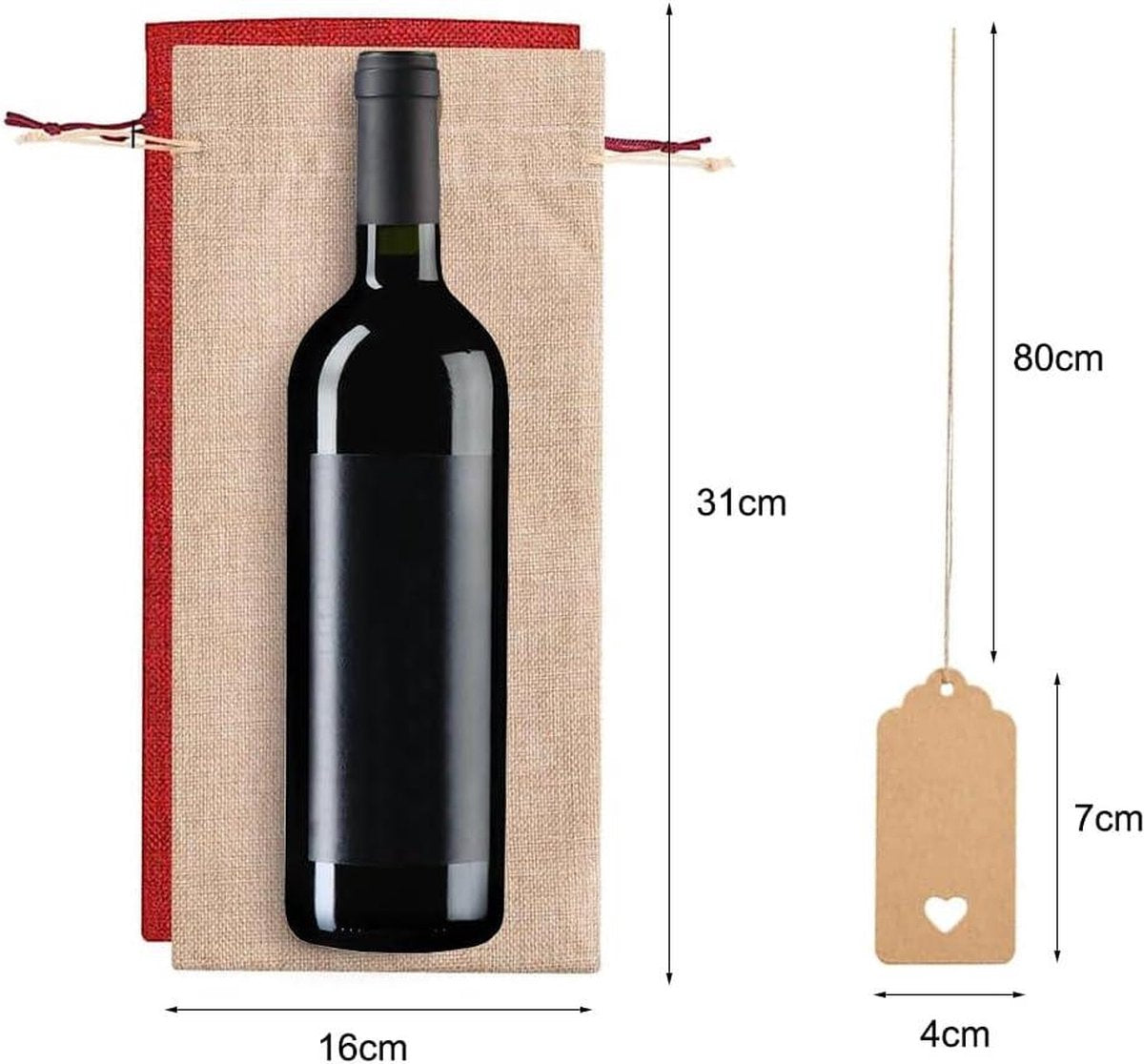 Jute geschenkzakje voor wijnfles - set van 12 - feesten blindproeverijen - cadeauhangers met trekkoord