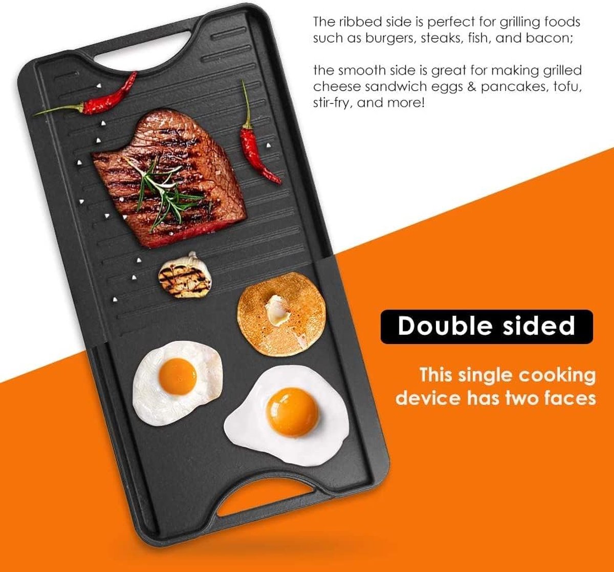 Gietijzeren antiaanbak grillplaten 50,8 x 26,5 cm voor oven, fornuis en grill, dubbelzijdige gietijzeren grillplaat met groeven en gladde roosterzone, roosterplaat.