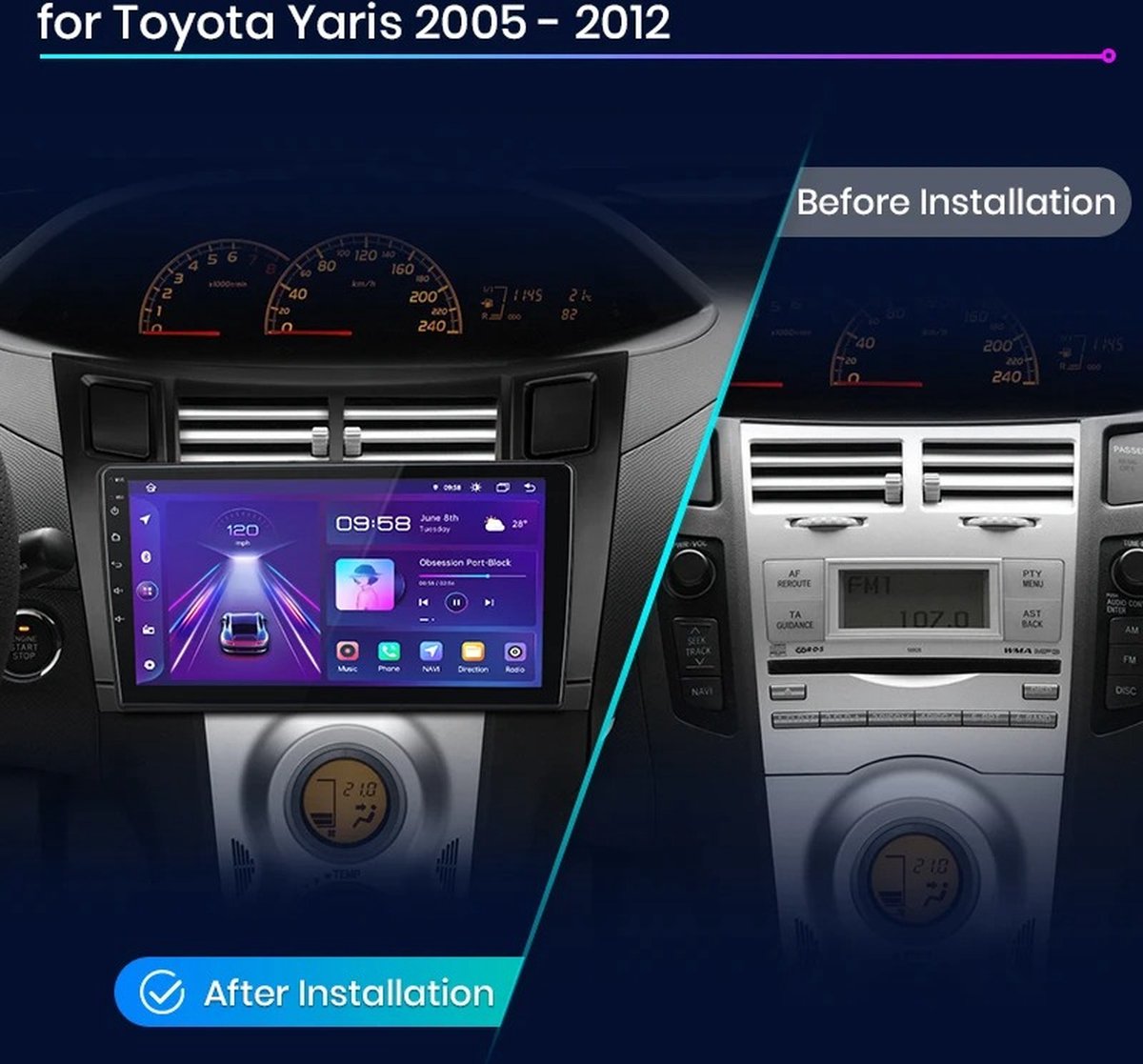 Autoradio - Android Carplay - Bluetooth Radio - Toyota Yaris 2005 - 2012