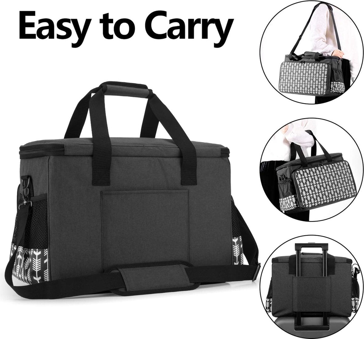 Sewing machine bag with wooden board, sewing machine carrying case, transport and storage bag is compatible with most common sewing machines and accessories, black with arrow pattern
