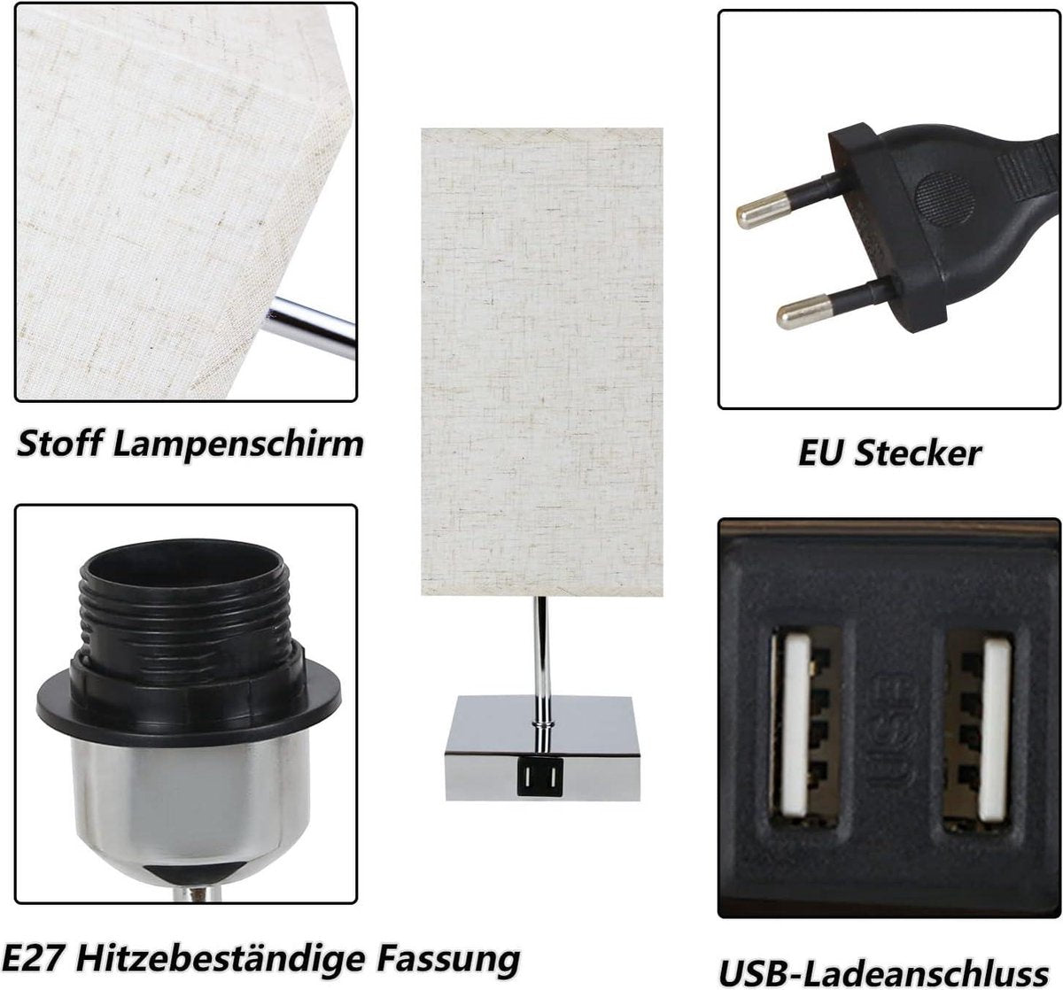 Dimbare Aanraakbare Tafellamp - Warm Wit E27 USB-Oplaadfunctie - Stoffen Lampenkap voor Slaapkamer en Nachtkastje