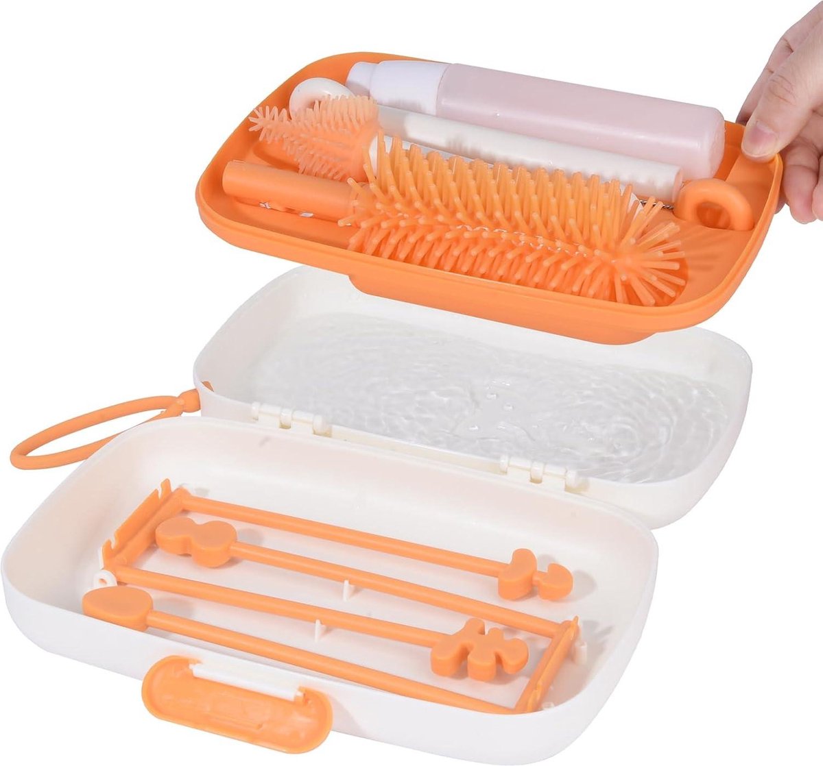 Flessenborstel Baby Reisset Borstels voor Reiniging 6-in-1 - Draagbare Siliconen Flessenborstel Tepelreiniger - Rietjesborstel Zeepdispenser en Fles Droogrek - Beige Flessenborstel Baby