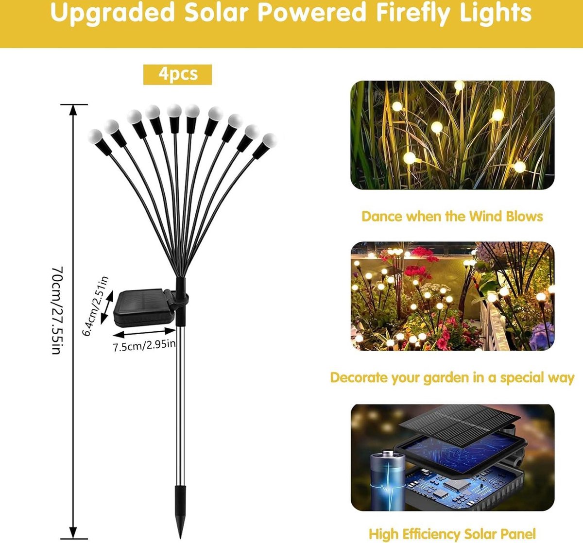 Firefly Solar Garden Lights - 4 Pack 10 LEDs IP65 Waterproof - Outdoor Lights for Patio Balcony Pathways Lawn Solar Landscape Lights