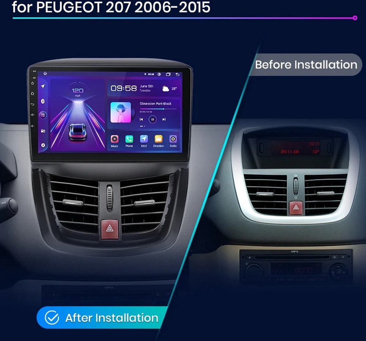 Autoradio - Android Carplay - Bluetooth Radio - Peugeot 207
